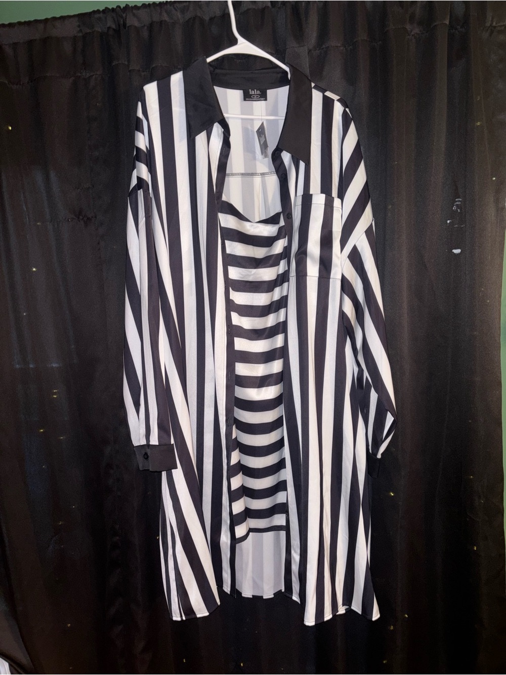 DRESSED IN LALA Striped Black & White Slip dress and duster (satin material) - Picture 7 of 8